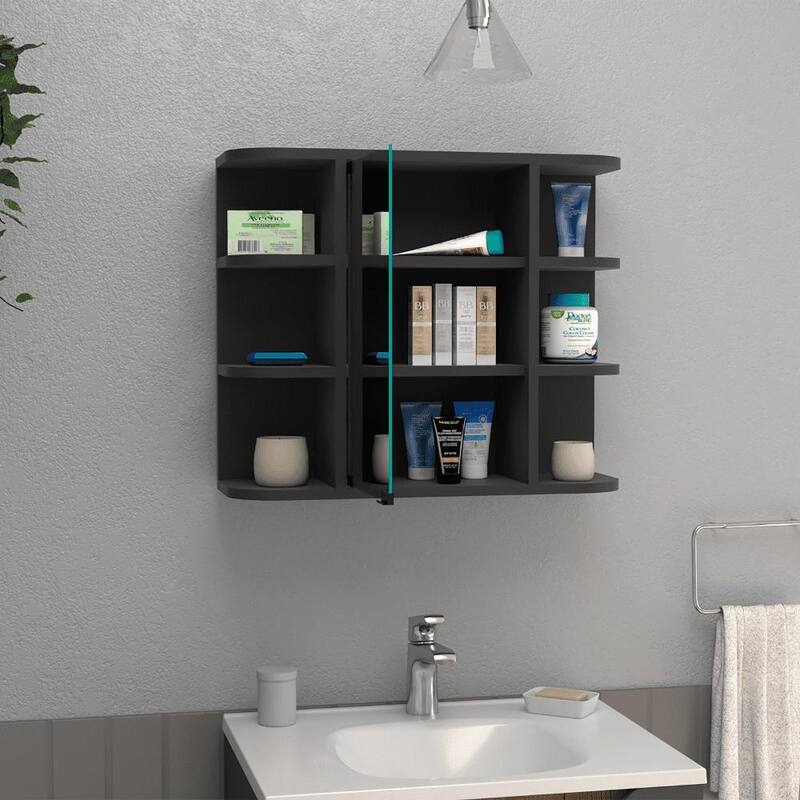 Light Gray Medicine Cabinet - 19.6" H, Mirror Door, 6 Open Shelves, 3 Interior Shelves, Wall-Mounted Storage