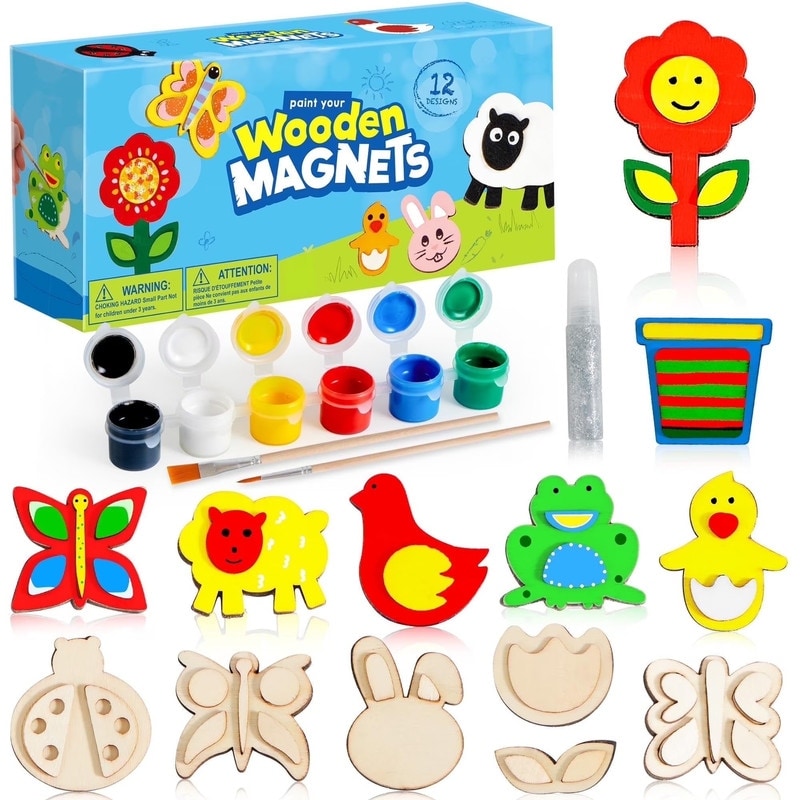 12 Wooden Magnet Painting Kit for Kids - Multicolor