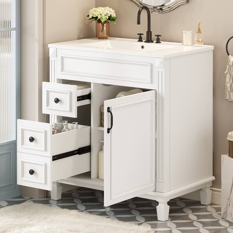 Small Bathroom Vanity with Sink, Freestanding Wood Bathroom Cabinet, Storage Cabinet with 2 Drawers & Adjustable Shelf - White