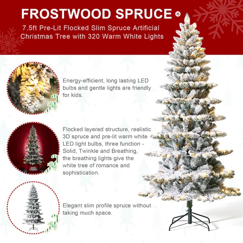 Glitzhome 6FT/7.5FT/9FT/11FT Snow Flocked Pre-lit Artificial Fir Christmas Trees