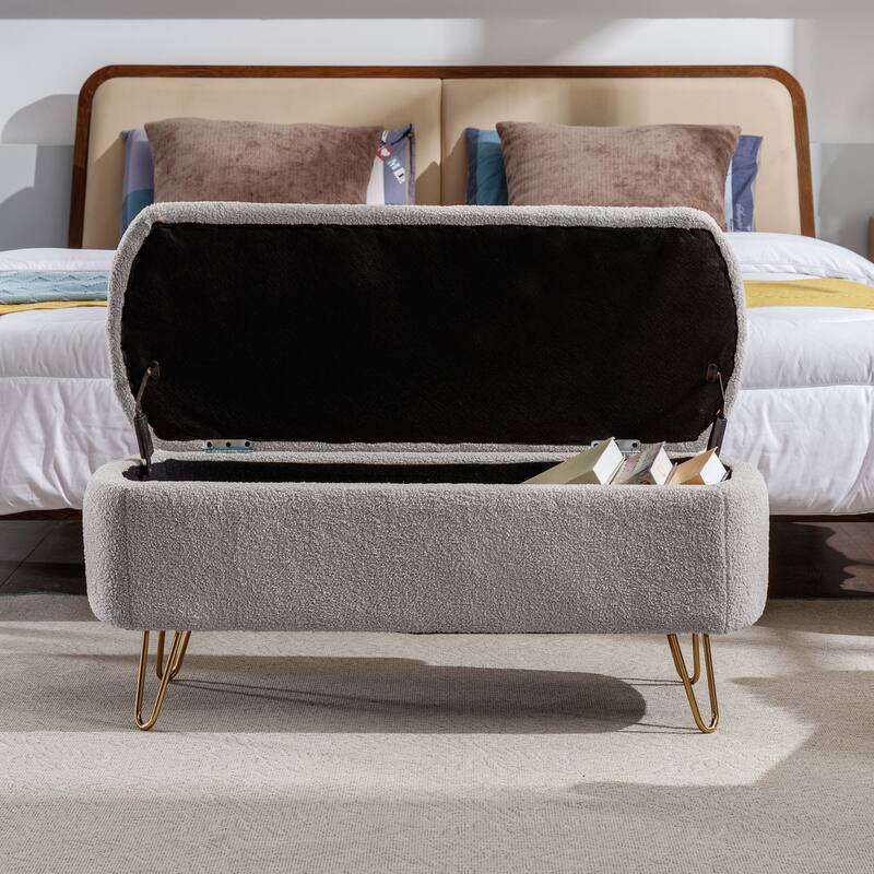 Modern Camel Fur Storage Ottoman with Gold Legs for Living Room Bedroom