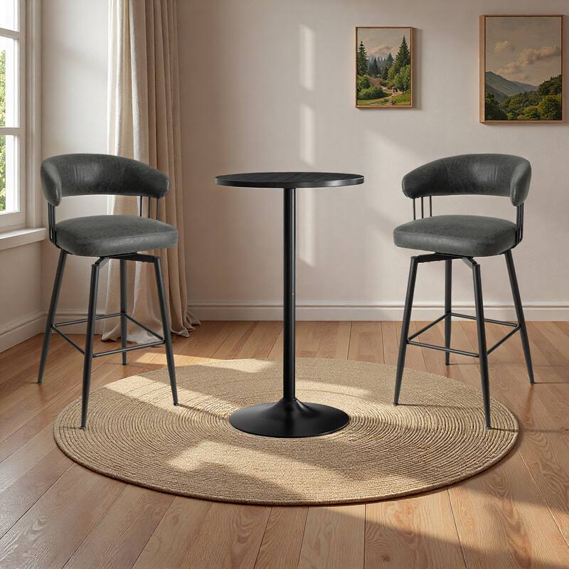 Glitzhome Set of 3 Leatherette Adjustable Swivel Bar Stool Pub Table Set - Black Table & Slate Black Stools