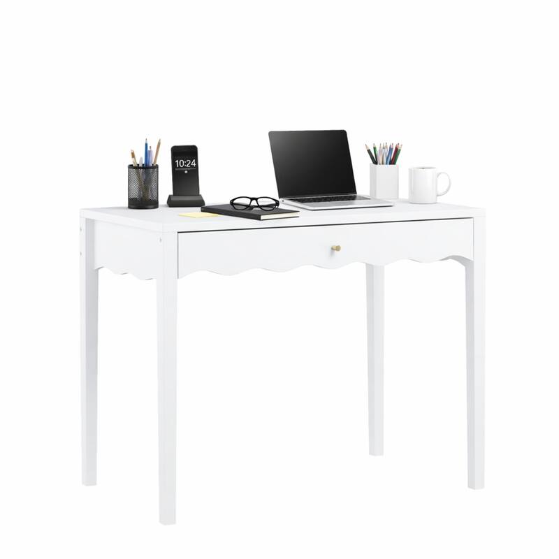 35.43"Vanity Desk with Drawer - Modern Makeup Table with Scalloped Front & Gold Knob, Compact Writing Desk with 4 Sturdy Legs