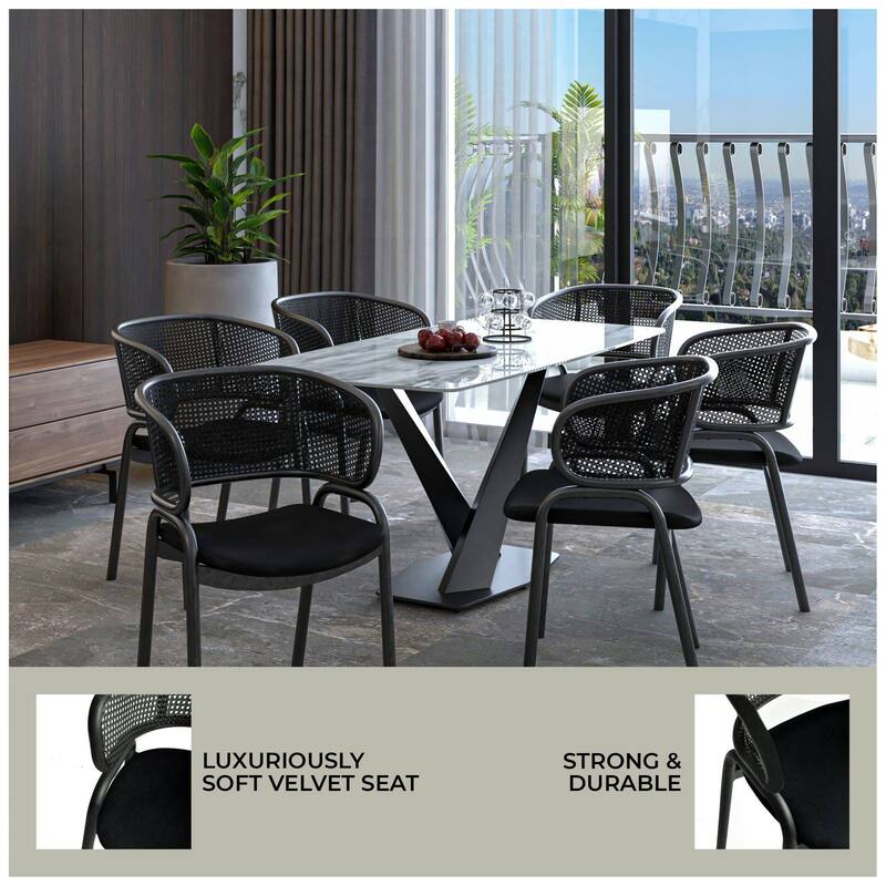 Ervilla Modern Upholstered Accent Side Chair with Wicker Back and Black Iron Legs for Dining Room & Kitchen, Set of 2