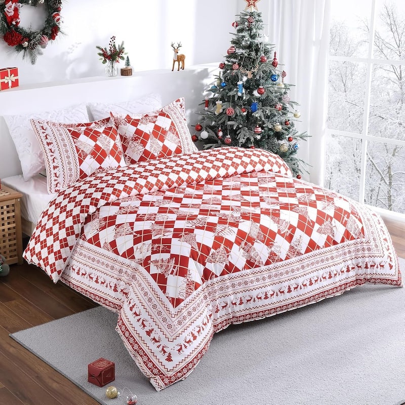 Red Checkered Christmas Duvet Cover Set, Decorations Bedding Set - King