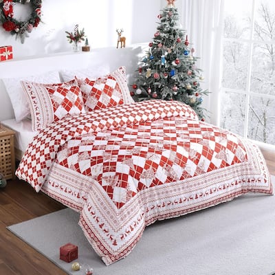 Red Checkered Christmas Duvet Cover Set, Decorations Bedding Set