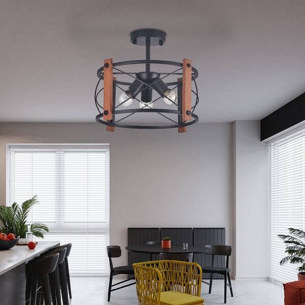 slide 11 of 10, 3-Light Rustic Semi Flush Mount Wooden Ceiling Light Fixture - 13.78'' 13.78'' - Black/Wood