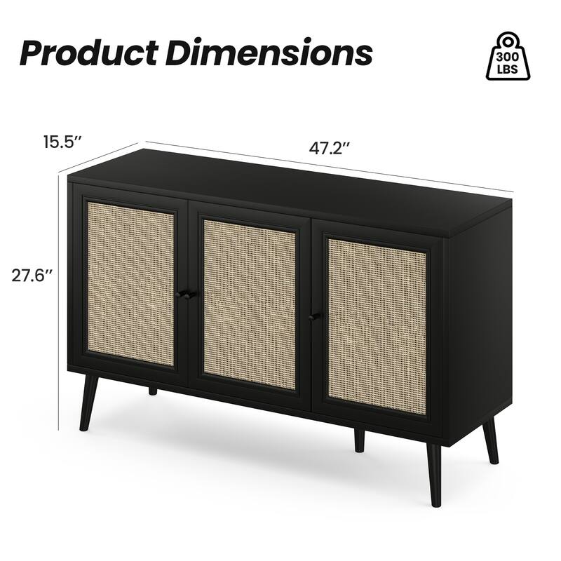 Anmytek Black 3-Door Rattan Buffet Sideboard Wooden Storage Cabinet for Living Dining Room