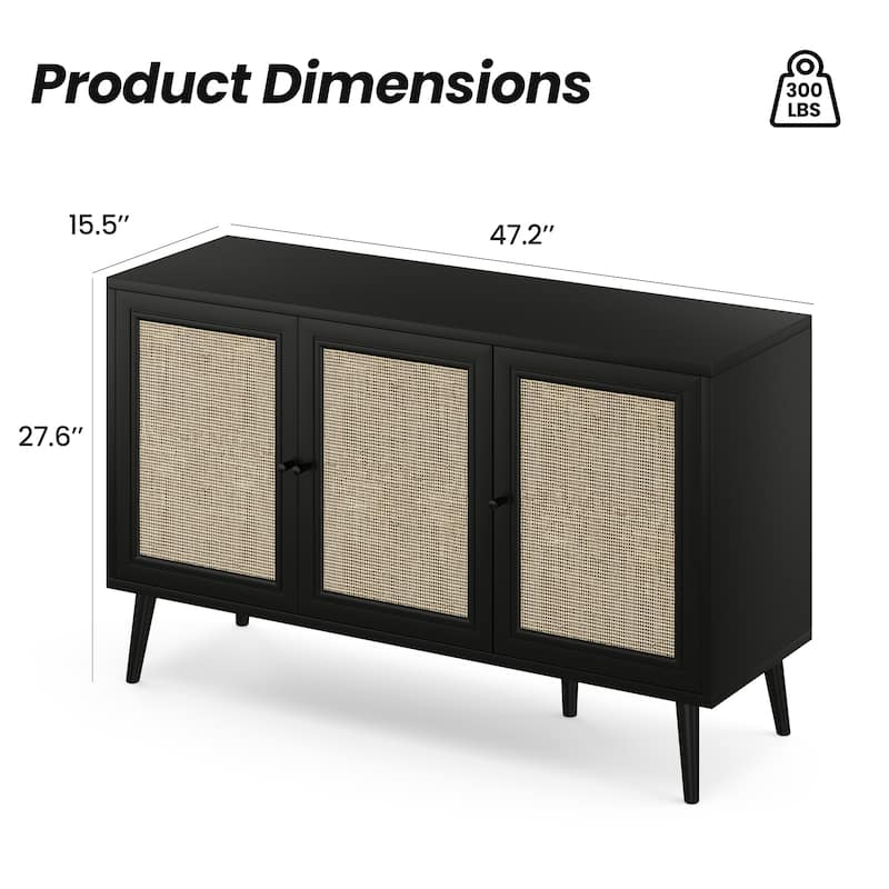 Sideboard Buffet Cabinet with 3 Rattan Doors,Modern Kitchen Storage Console Cabinet for Entryway Living Room (Small)