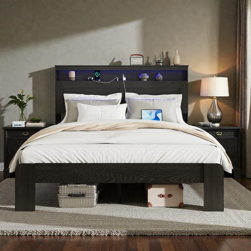 Wood Platform Bed Frame with Storage LED Headboard, 2 USB Ports, Metal Frame, No Box Spring Needed - Black - King
