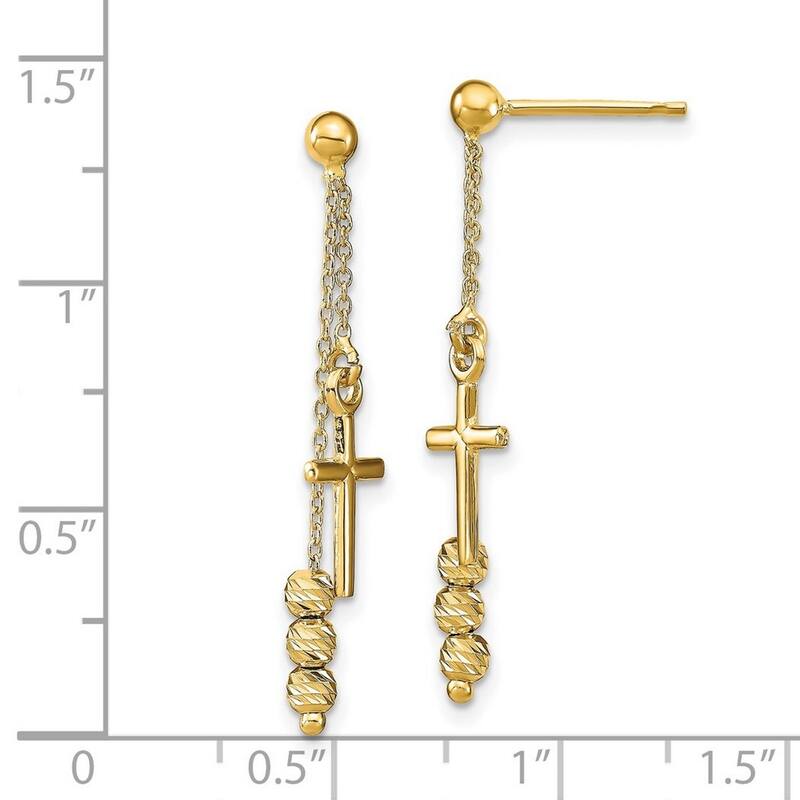 Curata 14k Yellow Gold Sparkle Cut Religious Cross Bead Drop Post Earrings 31.99x6.49mm