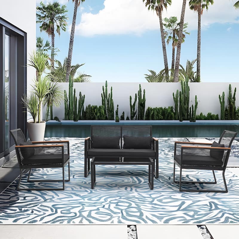 Outdoor 4-piece Wicker Patio Conversation Set - Black