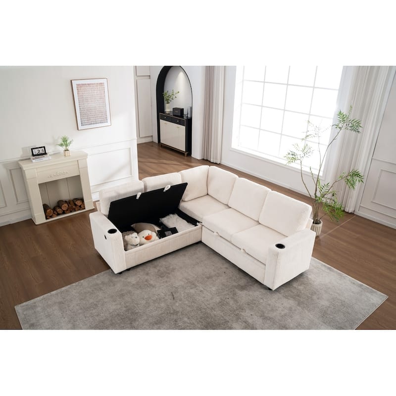 83.66" L-Shaped Sectional Sofa with Storage and Pull Out Bed