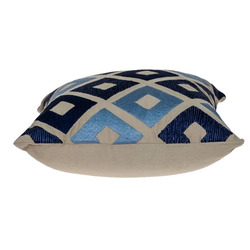 Embroidered Abstract Diamond Square Throw Pillow - 18" - Beige and Blue