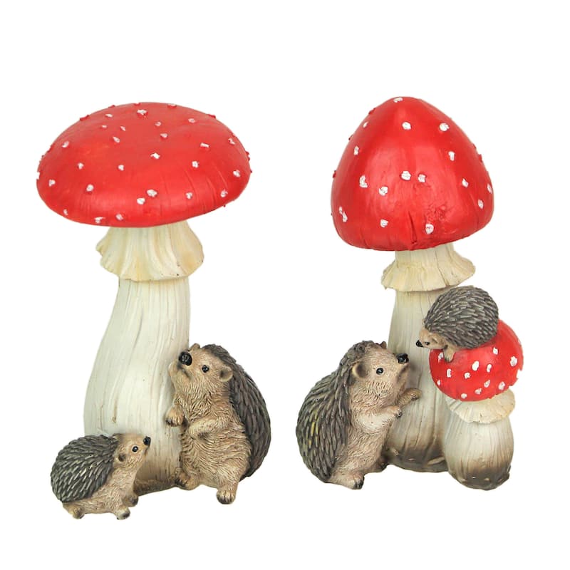 Hedgehogs And Mushrooms Statue Set Hand-Painted, Nature-Inspired - 7.25 X 4 X 4 inches