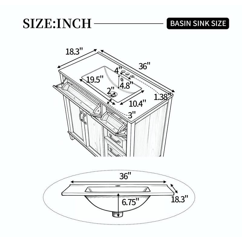 36 Inch Bathroom Vanity with Ceramic Sink, Modern Wood Grain Cabinet with Solid Rubberwood Legs, Soft-Close Doors & 4 Drawers