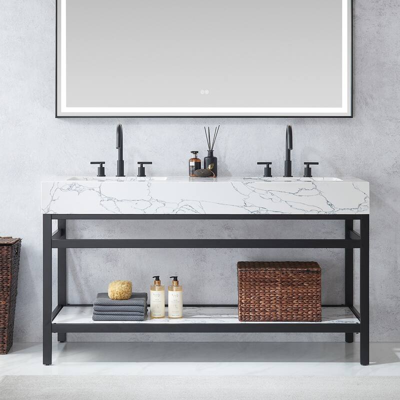 Ecija Bath Vanity, Metal Support with Composite Stone Top and Mirror