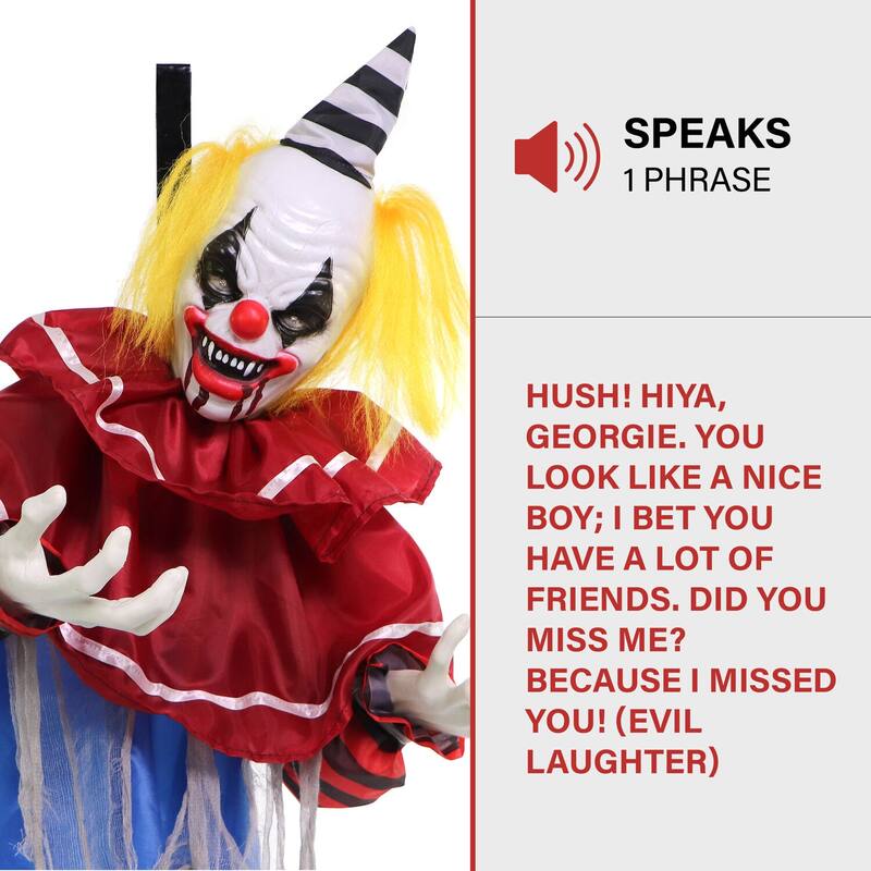 Haunted Hill Farm Wiggles the Animatronic Twisting, Talking Clown Greeter with Folding Door Hook for Scary Halloween Decoration