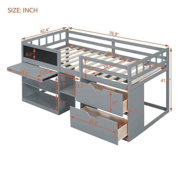 dimension image slide 2 of 3, Stylish & Fun Design Low Loft Bed with Shelves, Drawers, Desk and Blackboard, Twin Size