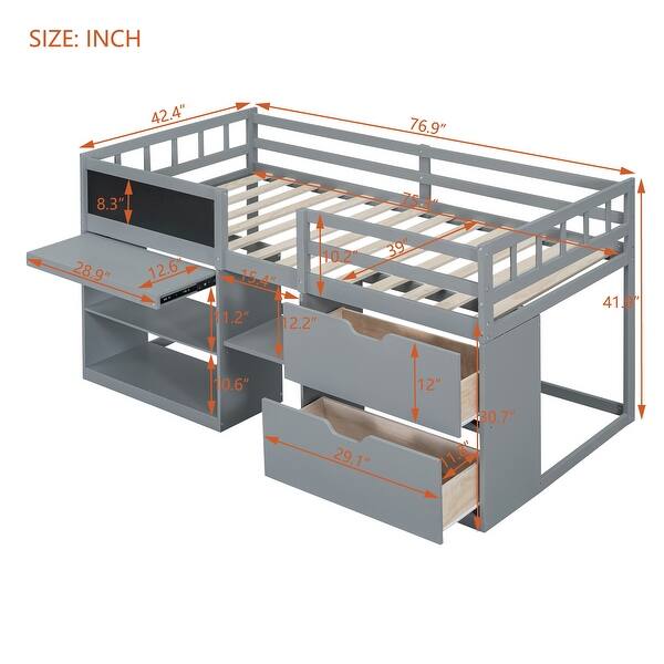 Twin Size Low Loft Bed with Rolling Desk, Shelf and Drawers, Grey