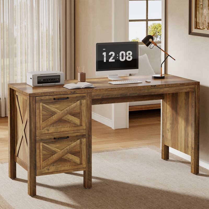 55-Inch Computer Desk with 2 Drawers, Home Office Desk with Heavy Duty Legs, Rustic Brown