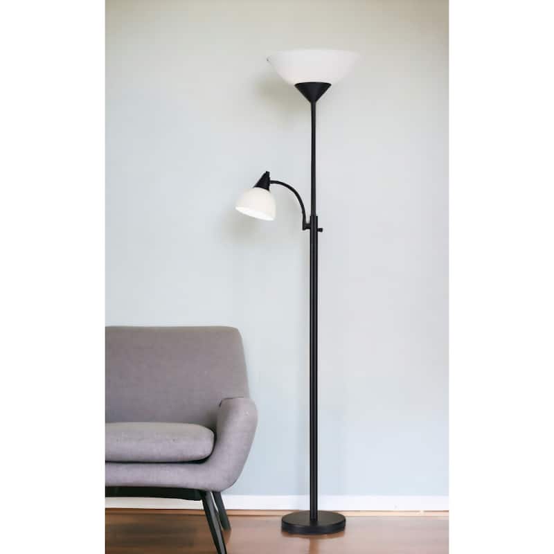71-Inch Two Light Torchiere Floor Lamp Black Steel Base with Goose Neck Reading Lamp for Living Room - 71”H x 22”W x 14”D