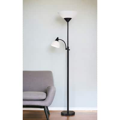 71-Inch Two Light Torchiere Floor Lamp Black Steel Base with Goose Neck Reading Lamp for Living Room - 71”H x 22”W x 14”D
