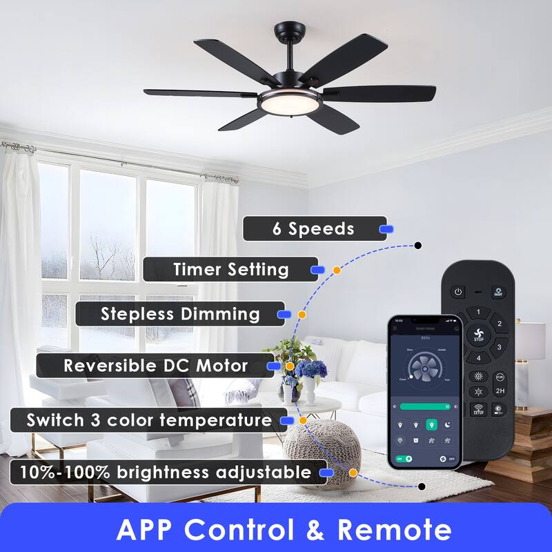 52" Ceiling Fan with Light and Remote,3 Color LED Light,Retracable Blades - 52 Inches