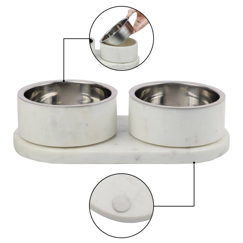 Marbre 12oz Double Pet Bowl Set - Marble & Stainless Steel with Non-Slip Tray