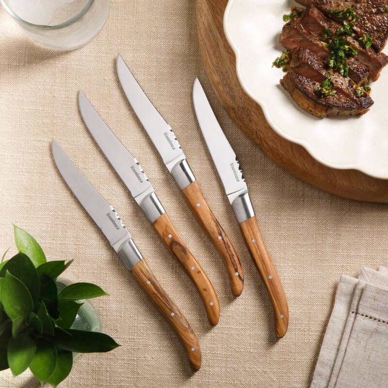 Bloomhouse 4-Piece German Stainless Steel Steak Knife Set - Premium Olive Wood Handle Steak Knives, Full-Tang Blades - Natural
