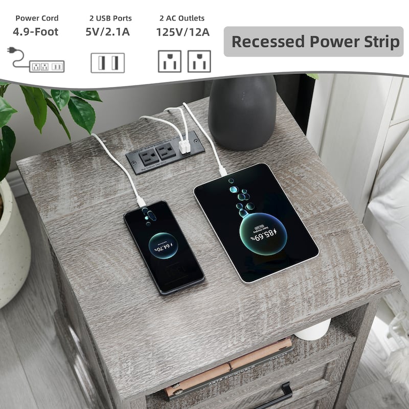Farmhouse Nightstand Set of 2 with Charging Station, End Table