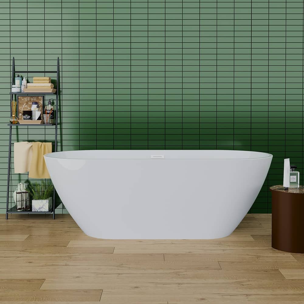 Acrylic Freestanding Soaking Bathtub with Chrome Overflow and Center Drain in Glossy White