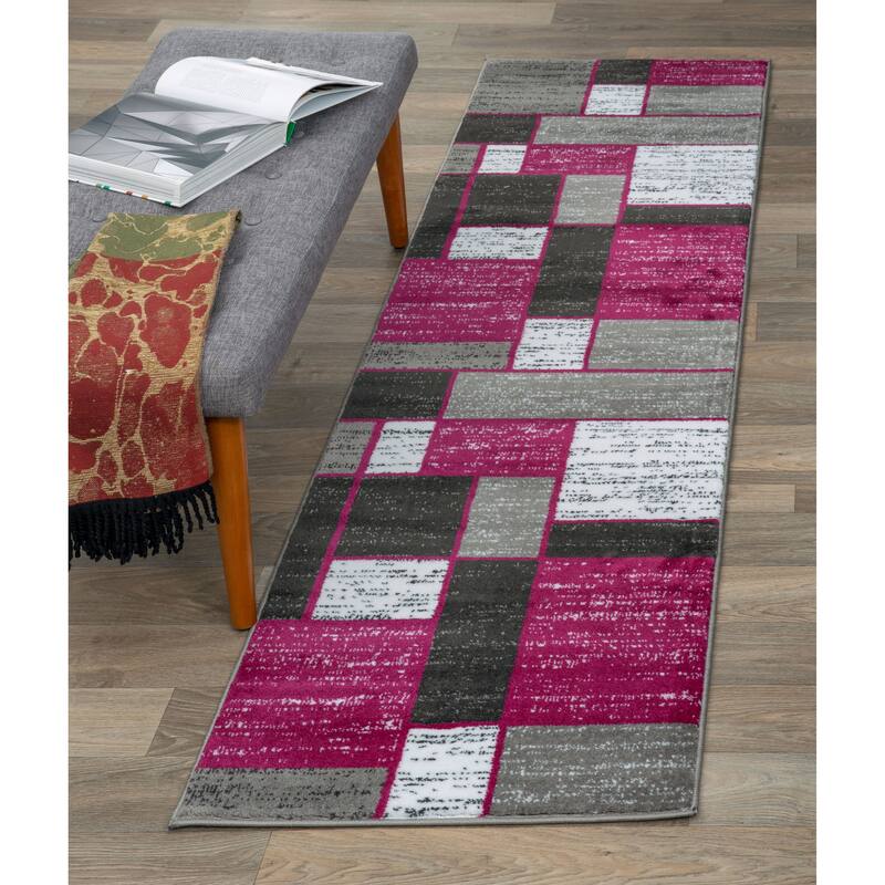 World Rug Gallery Contemporary Modern Boxed Color Block Area Rug - 2' x 7'2" Runner - Pink