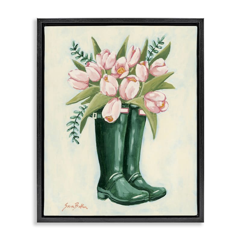 Stupell Tulips in Rain Boots Framed Floater Canvas Wall Art Design By Sara Baker - 17 x 21 - Black
