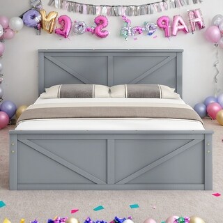 Queen Size Durable Pine Wooden Platform Bed Frame with 4-Storage Drawers, Support Legs and Headboard, Easy to Assemble, Grey