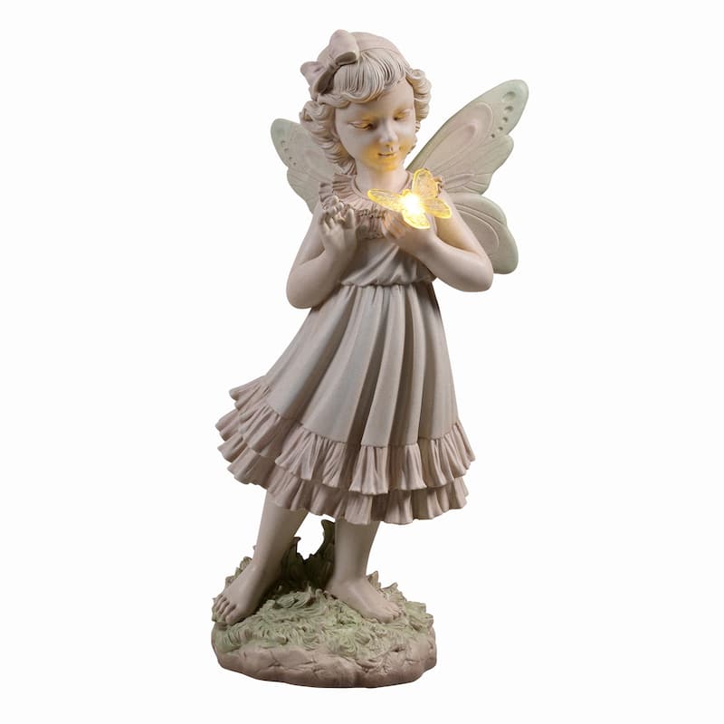 LED Solar Powered Girl Holding Butterfly Outdoor Garden Statue - 21"