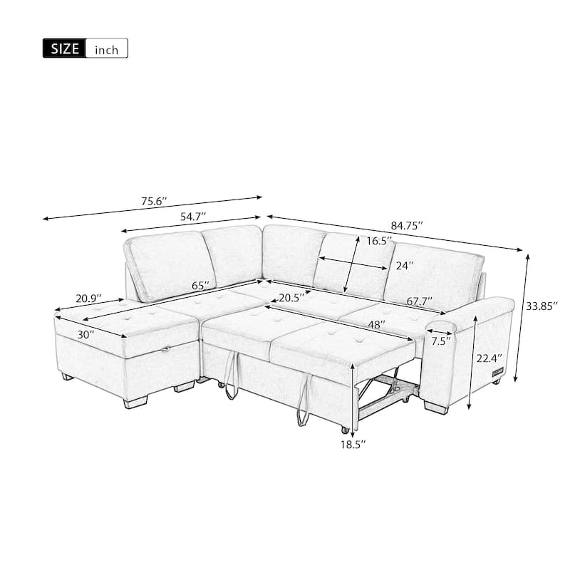 Velvet Sleeper Sectional Sofa, L-Shape Corner Couch Sofa-Bed with Storage Ottoman, Hidden Arm Storage, USB Charge