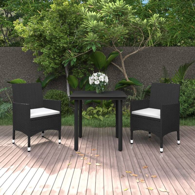 vidaXL Patio Dining Set Outdoor Table and Chair Set Poly Rattan and Glass - Black 31.5" x 31.5" x 29.1" 3-Piece
