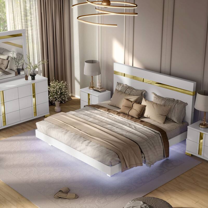 Furniture of America Halifax Modern 5-Piece Wood Platform Bedroom Set with Underbed LED - White - Twin