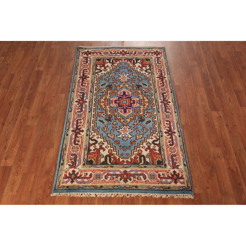 Light Blue Heriz Serapi Indian Rug Hand-Knotted Wool Carpet - 2'11"x 5'2"