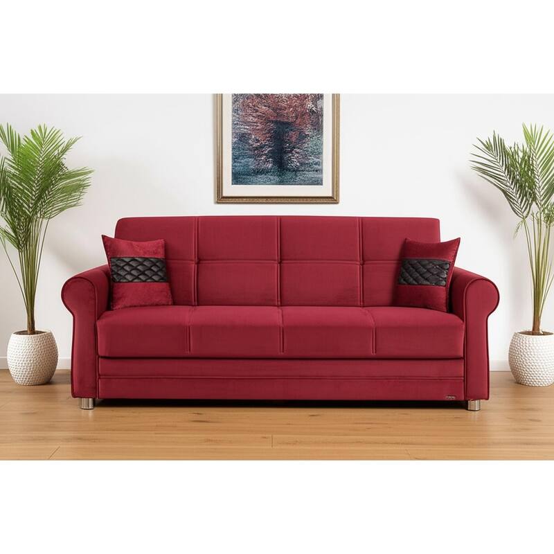 HomeRoots 89" Burgundy Microfiber Convertible Futon Sleeper Sofa And Toss Pillows With Storage - Burgundy