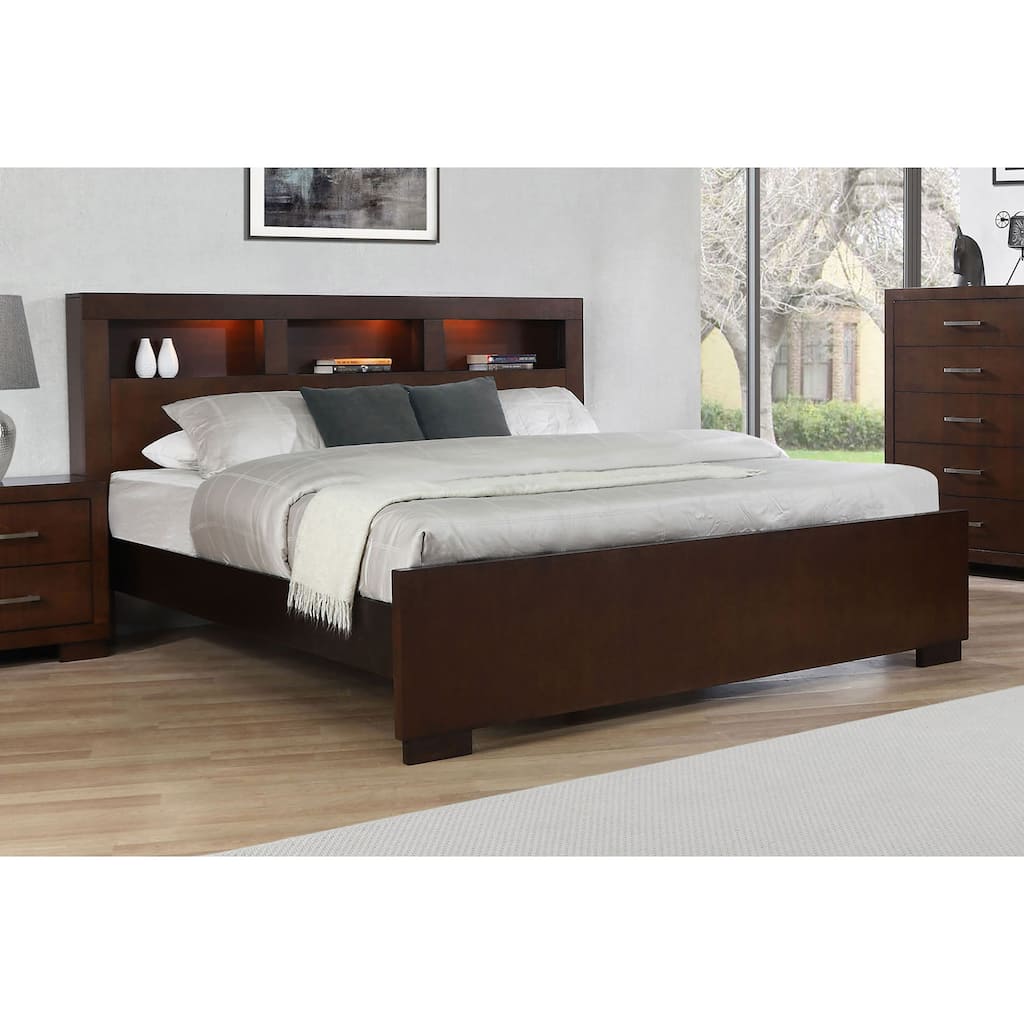 King Size Solid Wood Eastern Storage Bed with LED Bookcase Headboard and No Box Spring Required