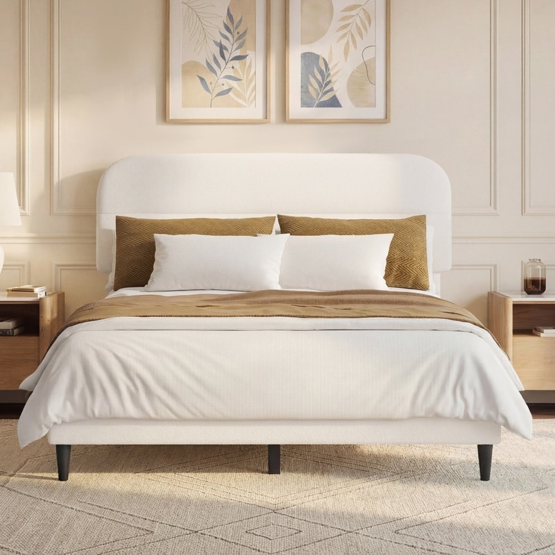 Spruce & Spring Modern Boucle Upholstered Platform Bed with Adjustable Headboard