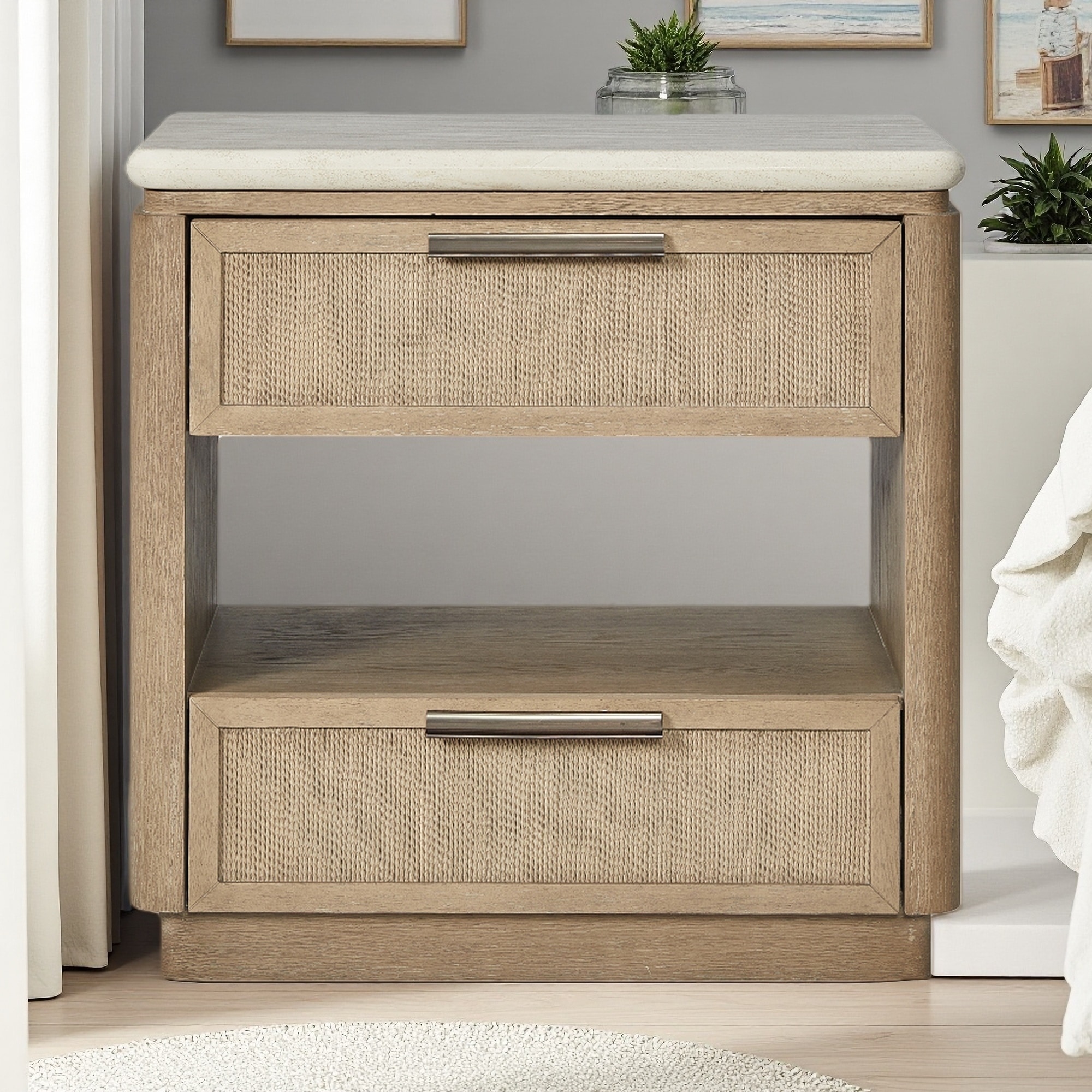 28.5"L 2-Drawer Nightstand with Oak Veneer Drawer Fronts, Stone Top, Open Shelf, Felt Cedar-Lined Storage, USB Charging Ports