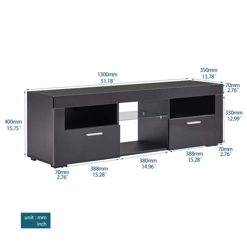 Black 51.2" TV Stand with LED Lights and 2 Large Storage Drawer for TVs Up to 55"