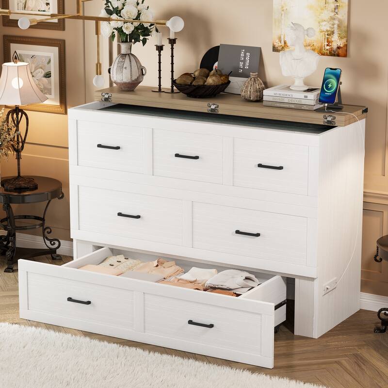 Queen/Full Size Murphy Cabinet Bed - Foldable Platform Bed with Charging Station & Large Storage Drawer