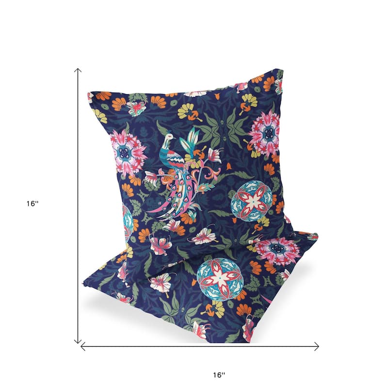HomeRoots Set of Two 16" X 16" Blue and Pink Peacock Blown Seam Eclectic Indoor Outdoor Throw Pillow - 16.00' X '16.00' X '5.00