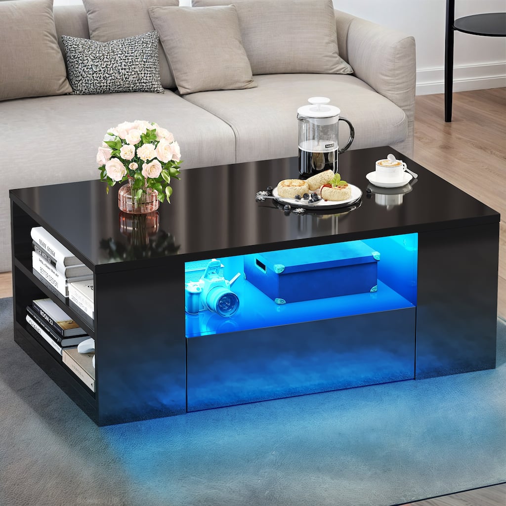 Moasis Modern High Gloss LED Coffee Table with Drawers and Shelves