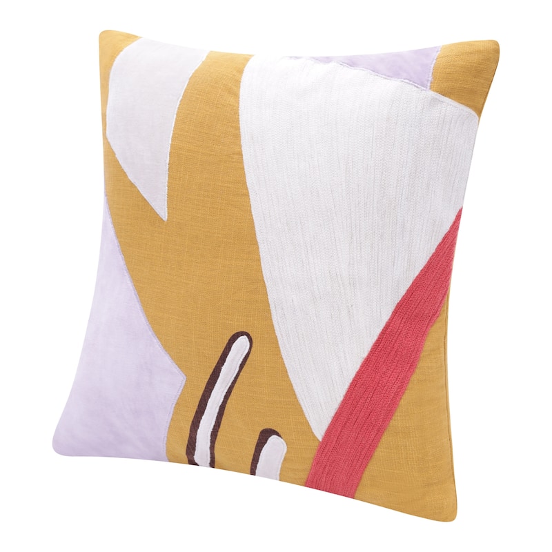 HomeRoots 20" X 20" Yellow Purple Off-White And Coral 100% Cotton Abstract Zippered Pillow
