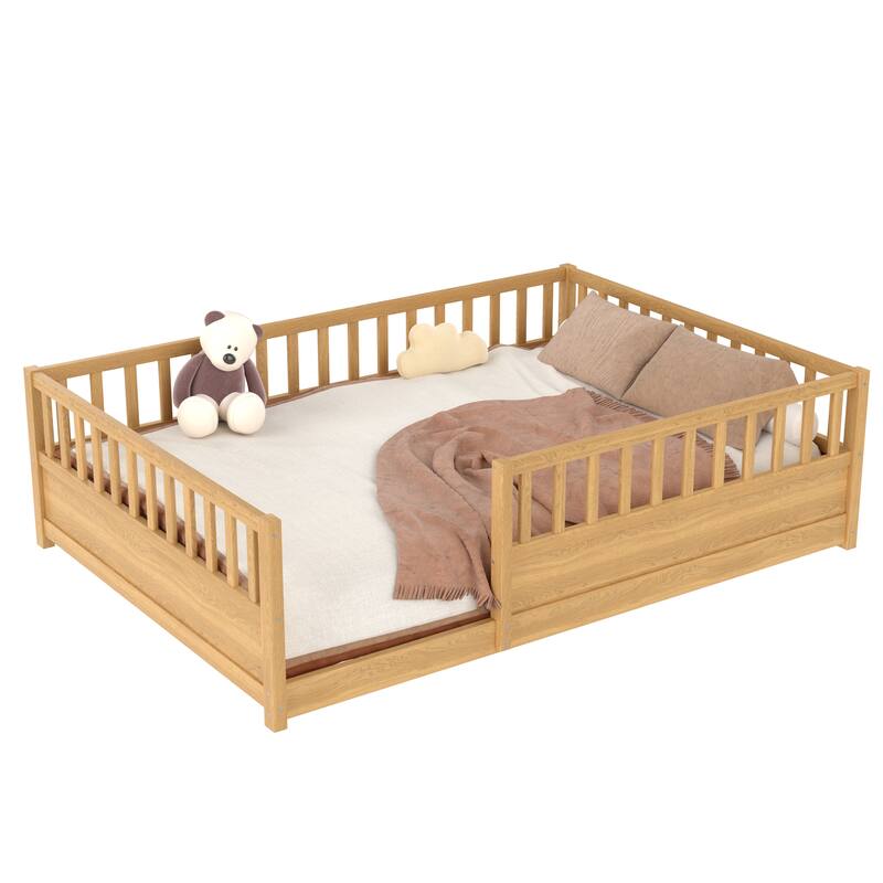Full/Twin Montessori Floor Bed with Security Barrier & Door - Children's Wooden Bed Frame